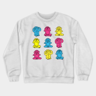 Illustration of Three Wise Monkeys in pink, blue and yellow on white background Crewneck Sweatshirt